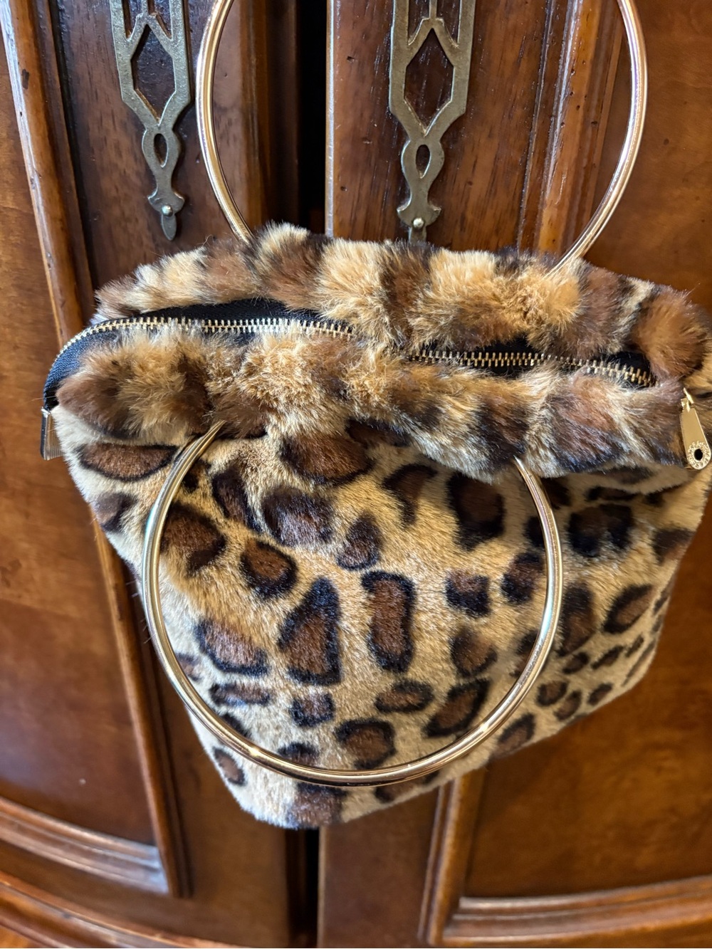 Leopard Print Faux Fur Mini Bag with Gold Ring Handles - Picture 3 of 5